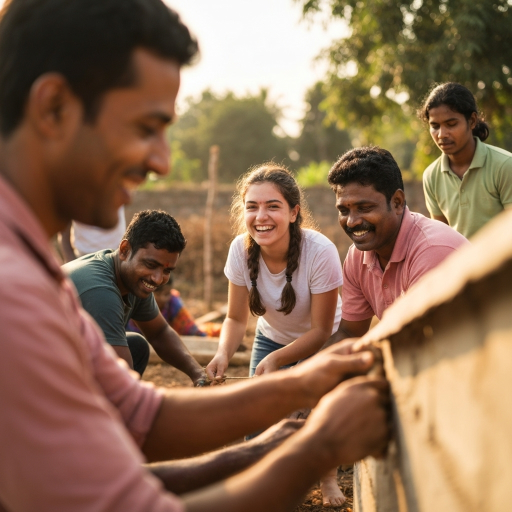 Volunteers working together in community project